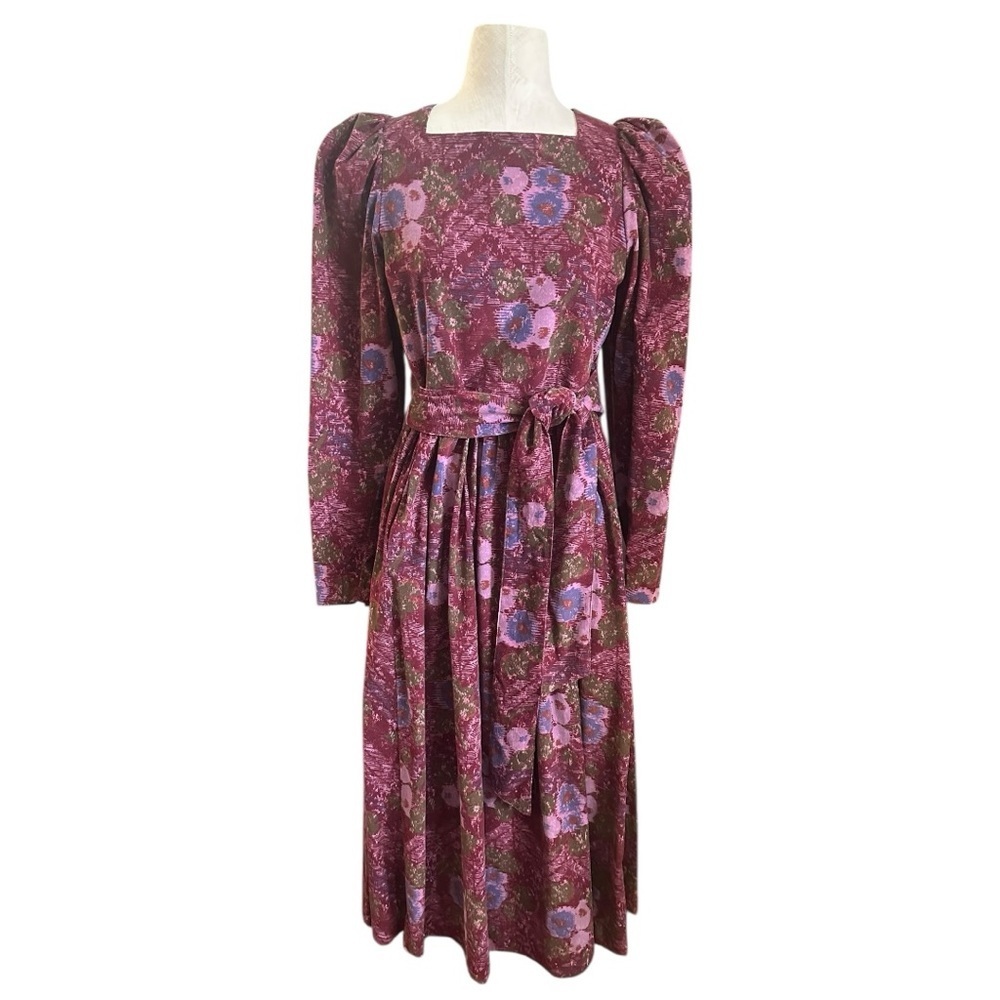 Vintage Laura Ashley Gorgeous Floral Long Sleeve Midi Dress w/ Belt & Pockets 10 - Picture 2 of 11